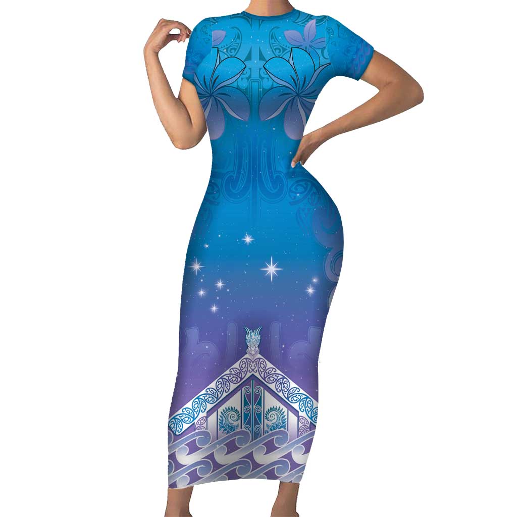 New Zealand Matariki Family Matching Short Sleeve Bodycon Dress and Hawaiian Shirt Maori Marae Cyan Galaxy LT05 Mom's Dress Cyan - Polynesian Pride