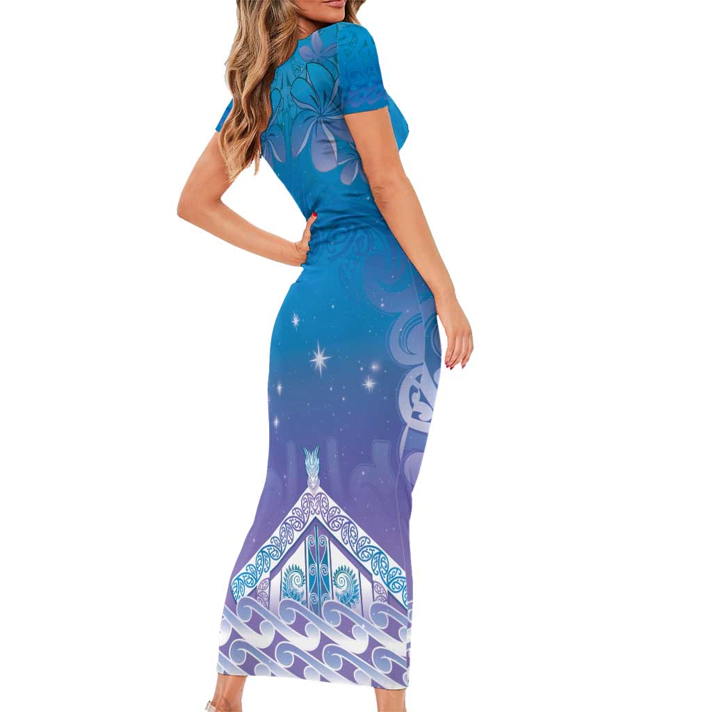 New Zealand Matariki Family Matching Short Sleeve Bodycon Dress and Hawaiian Shirt Maori Marae Cyan Galaxy LT05 - Polynesian Pride