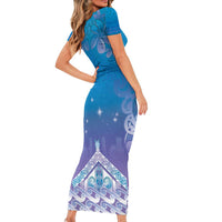 New Zealand Matariki Family Matching Short Sleeve Bodycon Dress and Hawaiian Shirt Maori Marae Cyan Galaxy LT05 - Polynesian Pride