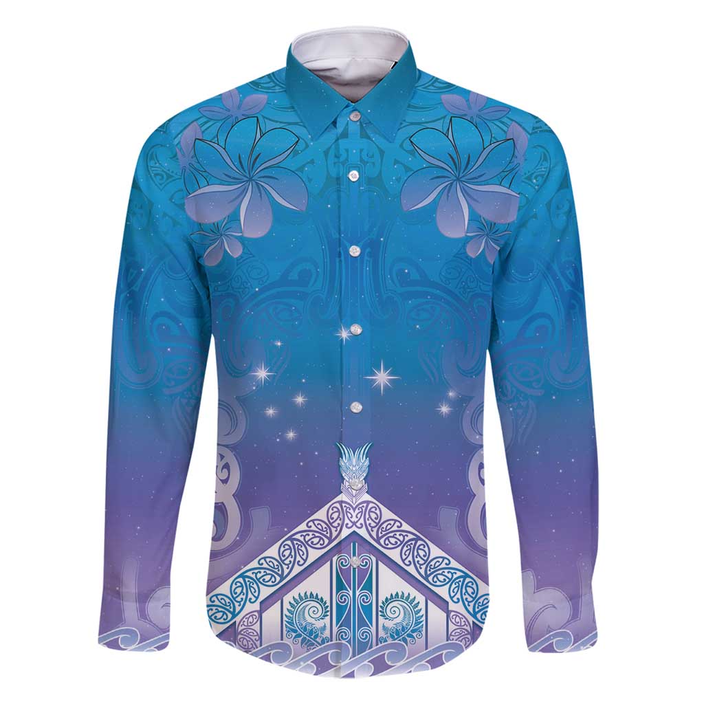 New Zealand Matariki Family Matching Summer Maxi Dress and Hawaiian Shirt Maori Marae Cyan Galaxy LT05 Dad's Shirt - Long Sleeve Cyan - Polynesian Pride