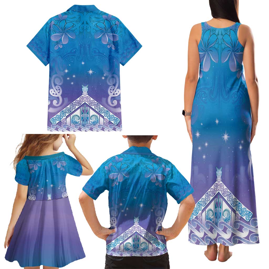 New Zealand Matariki Family Matching Tank Maxi Dress and Hawaiian Shirt Maori Marae Cyan Galaxy LT05 - Polynesian Pride