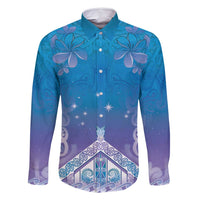 New Zealand Matariki Family Matching Tank Maxi Dress and Hawaiian Shirt Maori Marae Cyan Galaxy LT05 Dad's Shirt - Long Sleeve Cyan - Polynesian Pride