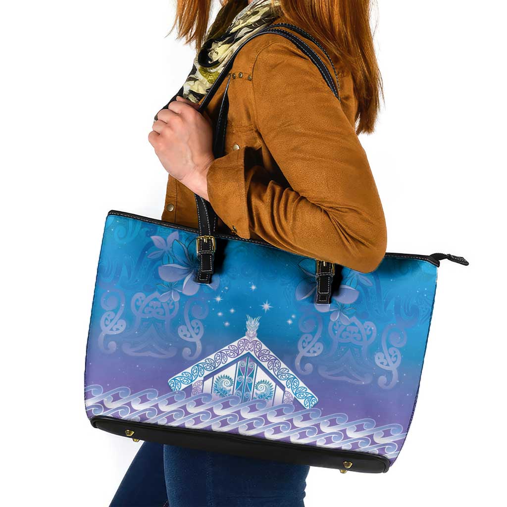 New Zealand Matariki Leather Tote Bag Maori Marae Cyan Galaxy LT05 Cyan - Polynesian Pride