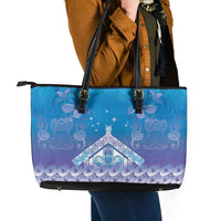 New Zealand Matariki Leather Tote Bag Maori Marae Cyan Galaxy LT05 - Polynesian Pride