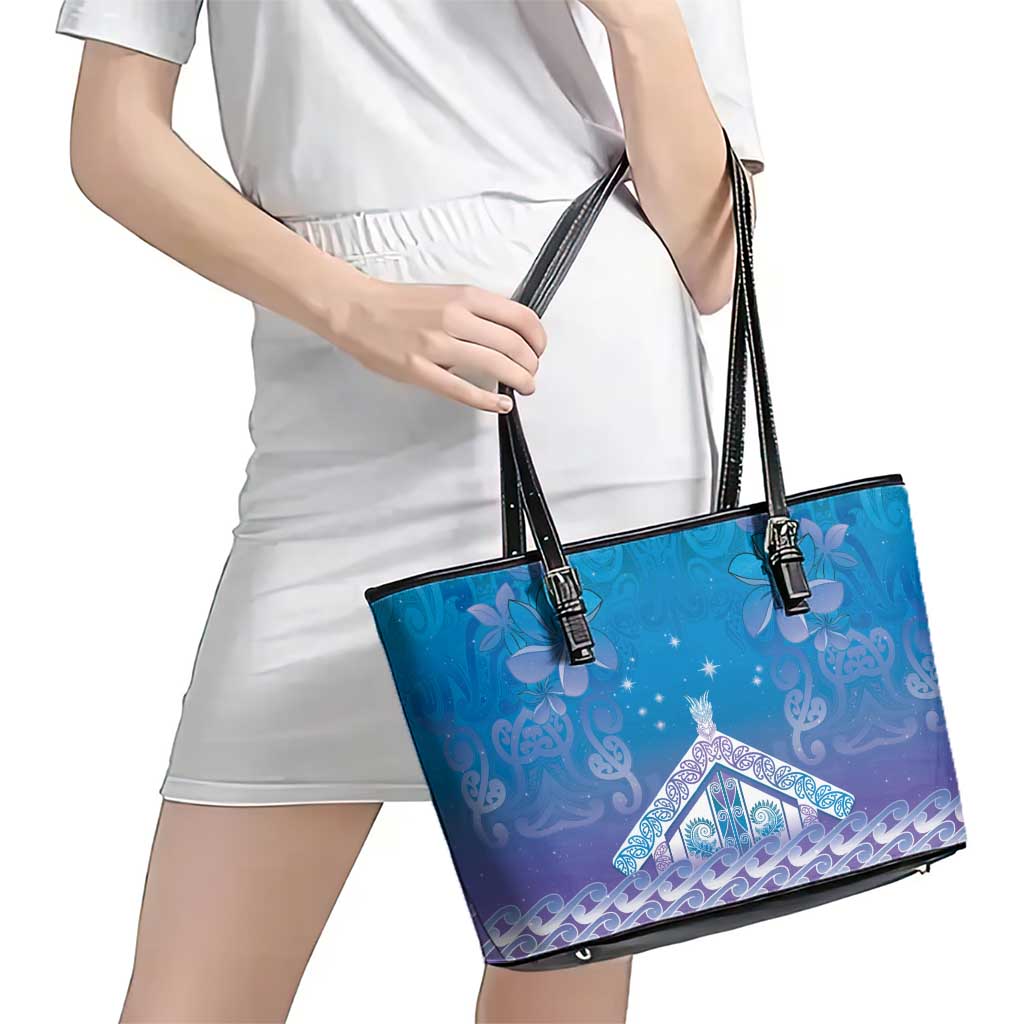 New Zealand Matariki Leather Tote Bag Maori Marae Cyan Galaxy LT05 - Polynesian Pride