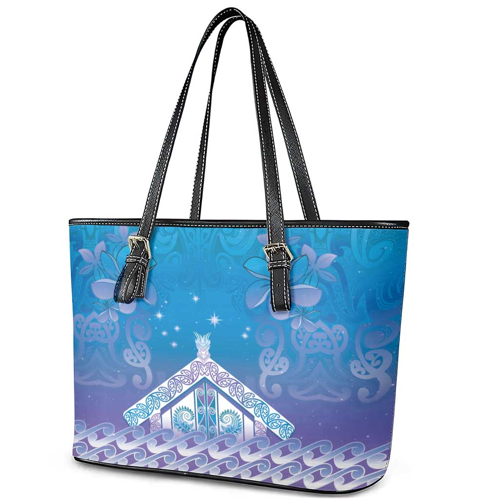 New Zealand Matariki Leather Tote Bag Maori Marae Cyan Galaxy LT05 - Polynesian Pride