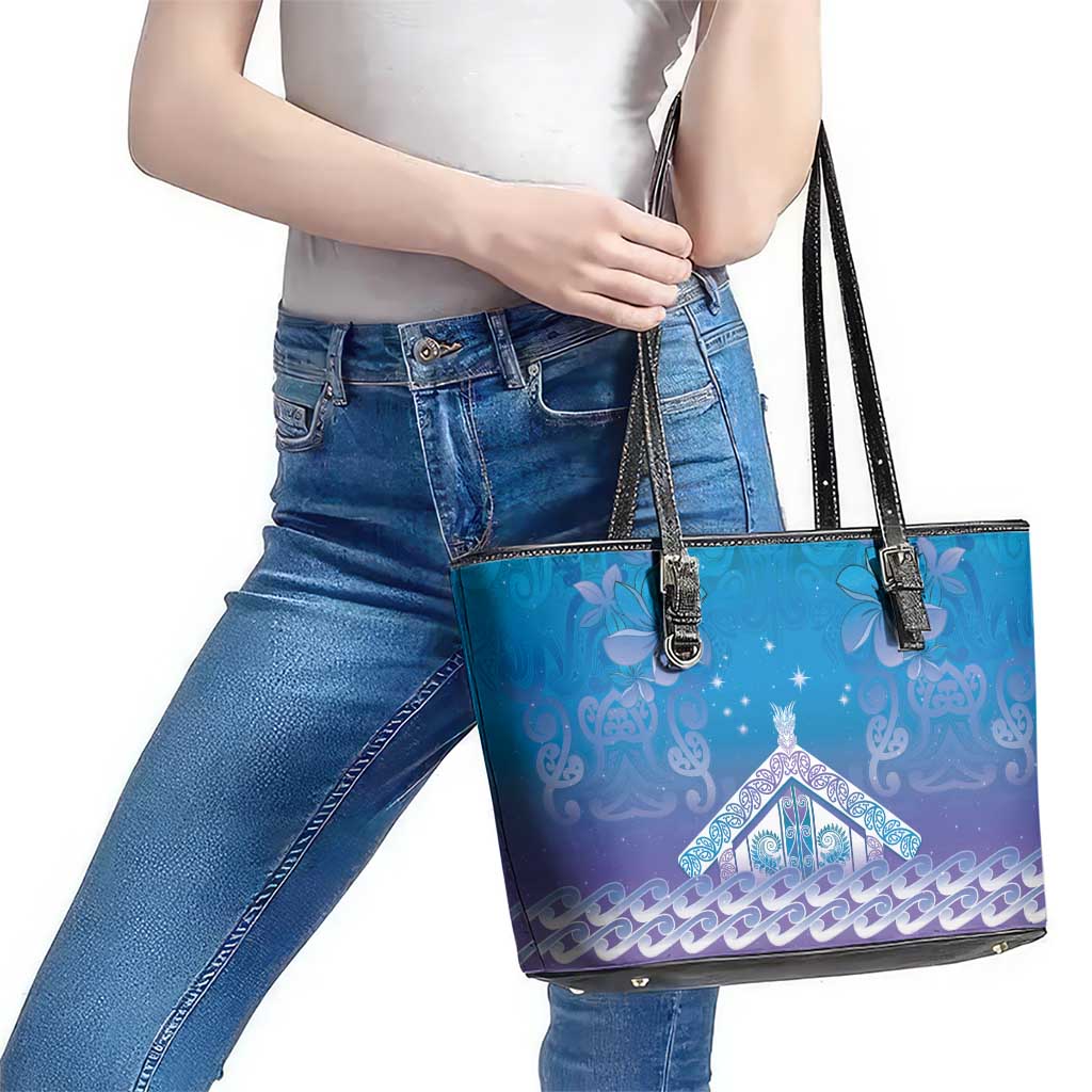 New Zealand Matariki Leather Tote Bag Maori Marae Cyan Galaxy LT05 - Polynesian Pride