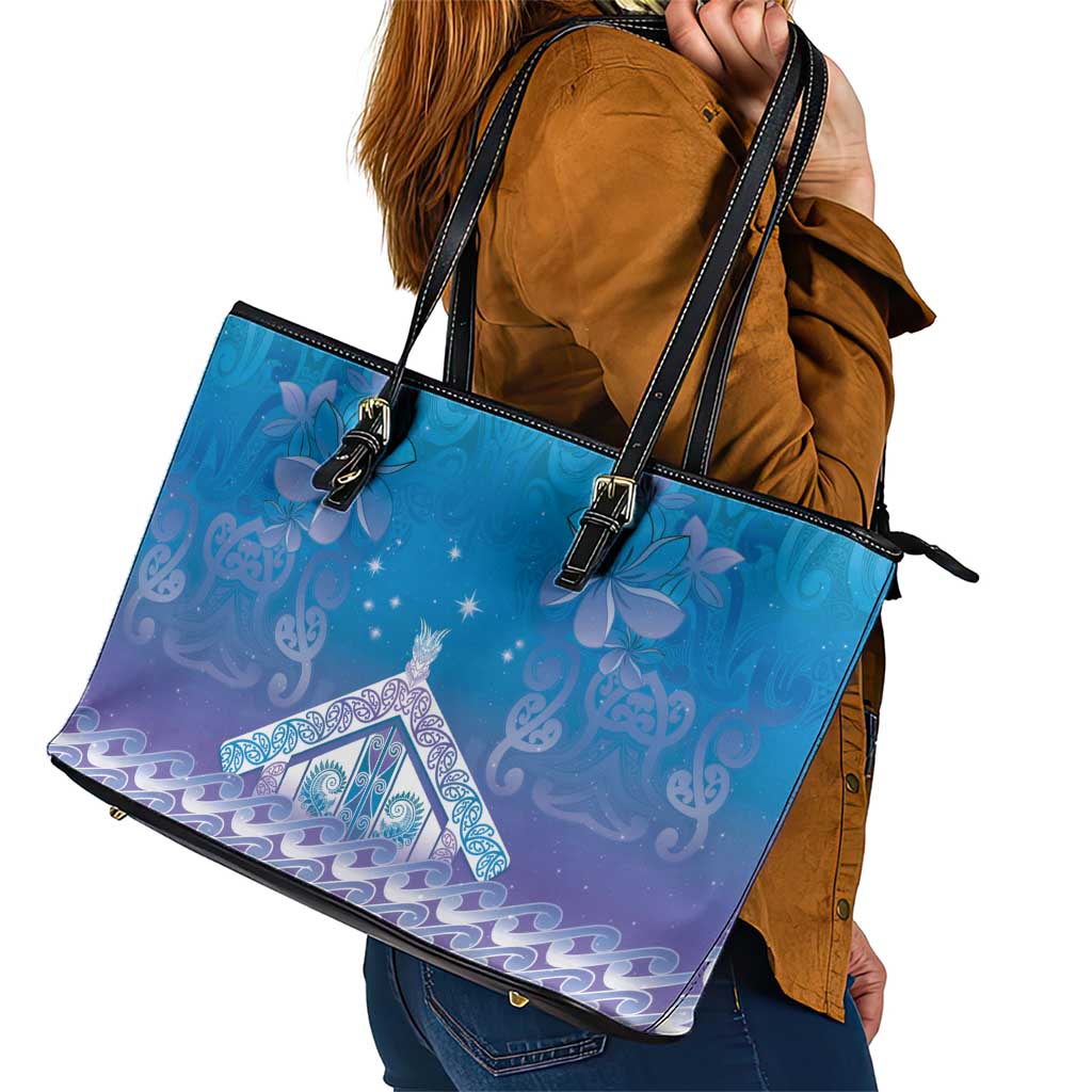New Zealand Matariki Leather Tote Bag Maori Marae Cyan Galaxy LT05 - Polynesian Pride