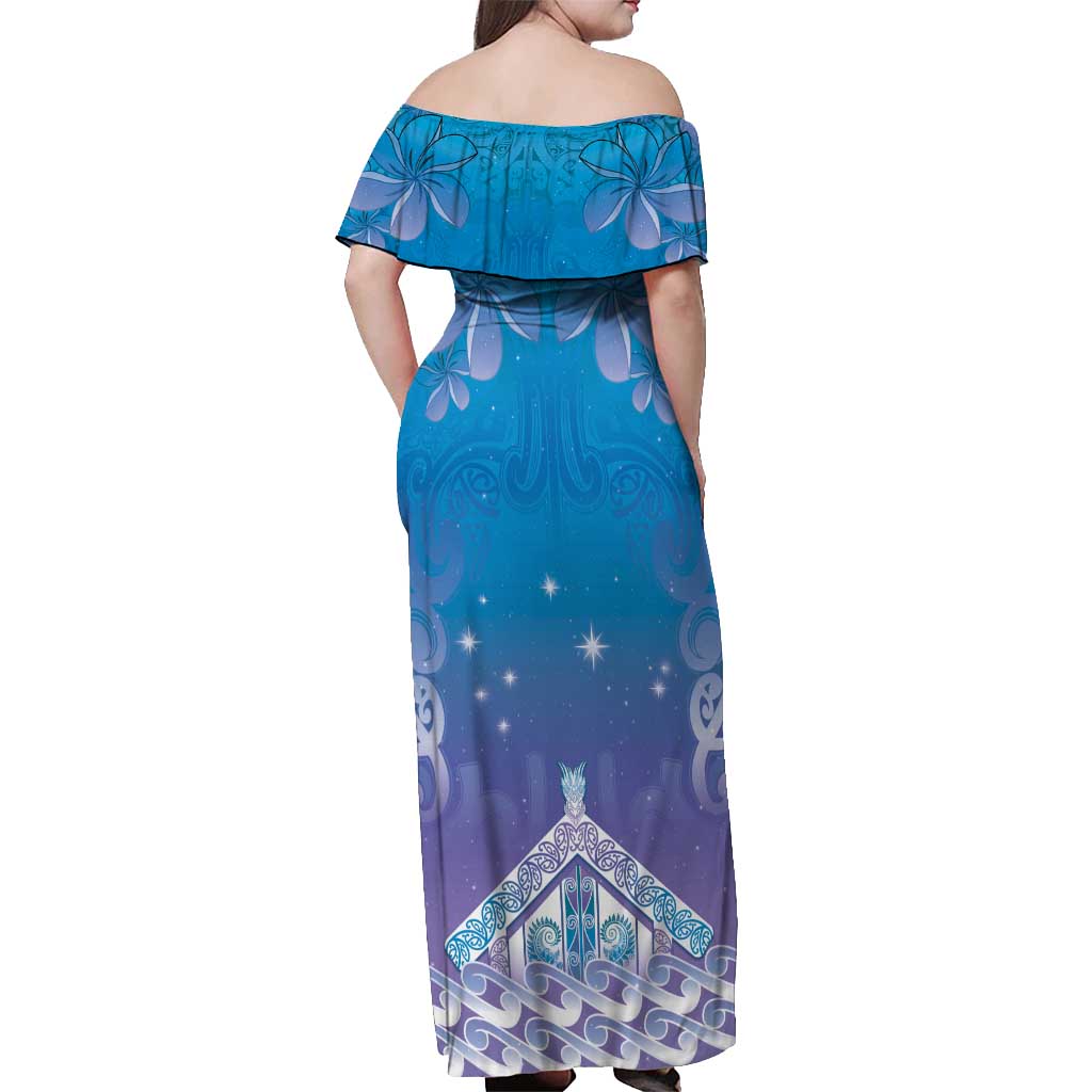 New Zealand Matariki Off Shoulder Maxi Dress Maori Marae Cyan Galaxy LT05 - Polynesian Pride