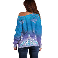 New Zealand Matariki Off Shoulder Sweater Maori Marae Cyan Galaxy LT05 - Polynesian Pride