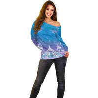 New Zealand Matariki Off Shoulder Sweater Maori Marae Cyan Galaxy LT05 - Polynesian Pride