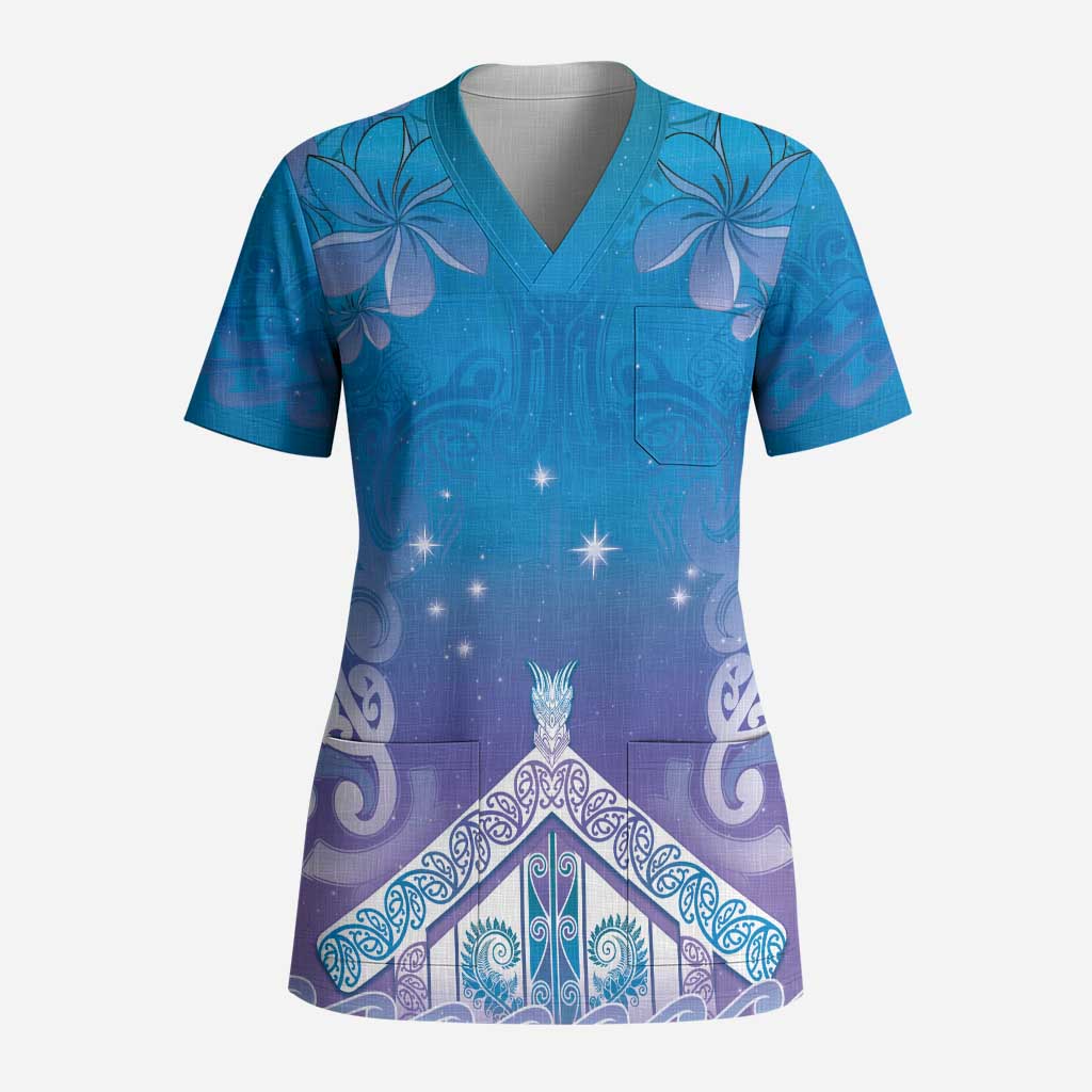 New Zealand Matariki Scrub Top Maori Marae Cyan Galaxy - Polynesian Pride