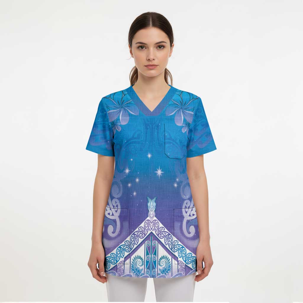 New Zealand Matariki Scrub Top Maori Marae Cyan Galaxy - Polynesian Pride