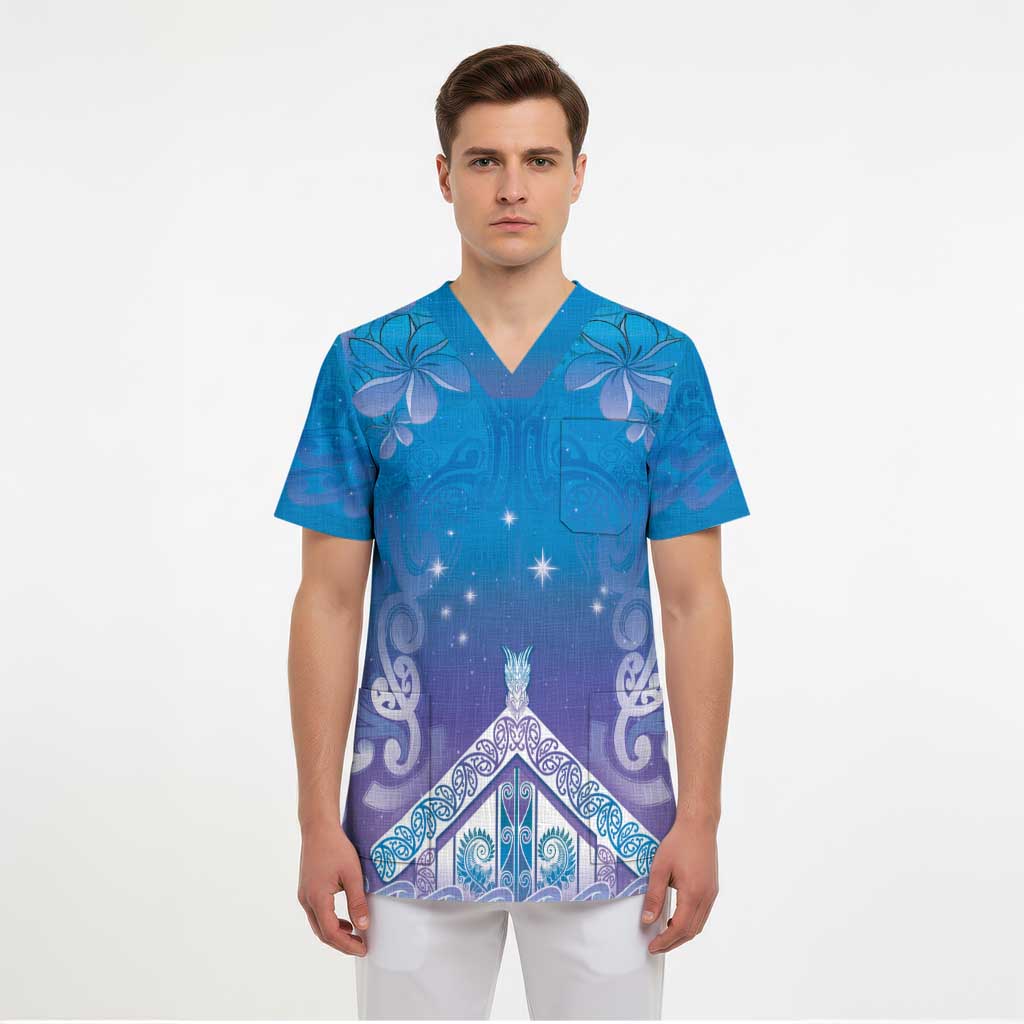 New Zealand Matariki Scrub Top Maori Marae Cyan Galaxy - Polynesian Pride