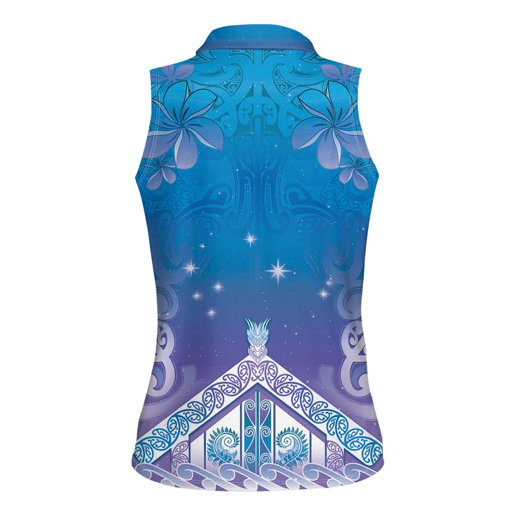 New Zealand Matariki Women Sleeveless Polo Shirt Maori Marae Cyan Galaxy