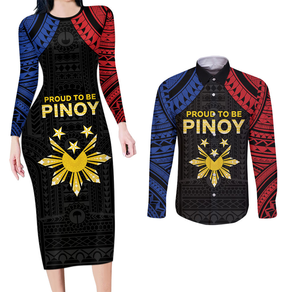 Philippines Independence Day Couples Matching Long Sleeve Bodycon Dress and Long Sleeve Button Shirt Proud To Be Pinoy LT05 Black - Polynesian Pride