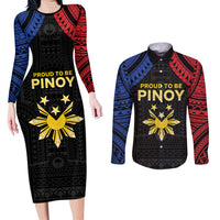 Philippines Independence Day Couples Matching Long Sleeve Bodycon Dress and Long Sleeve Button Shirt Proud To Be Pinoy LT05 Black - Polynesian Pride