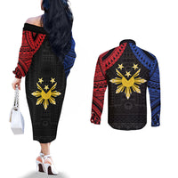 Philippines Independence Day Couples Matching Off The Shoulder Long Sleeve Dress and Long Sleeve Button Shirt Proud To Be Pinoy