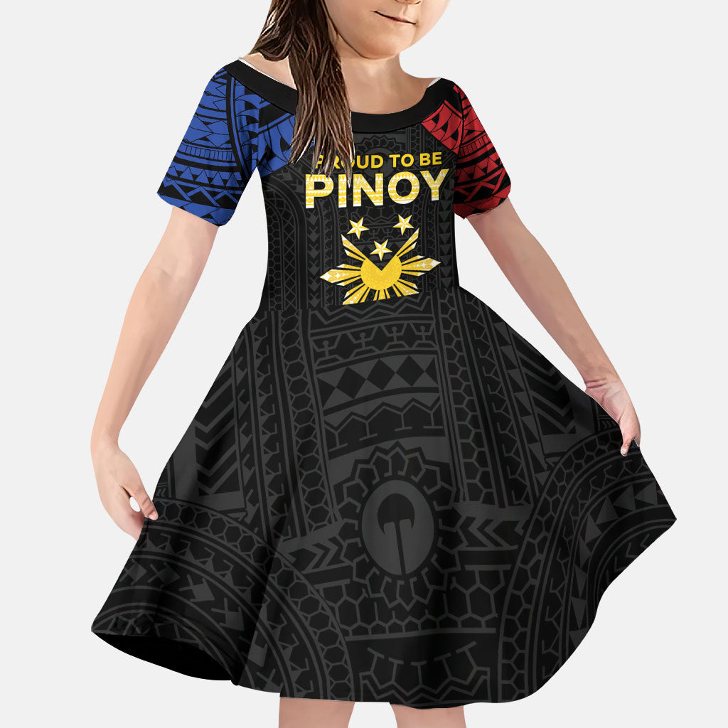 Philippines Independence Day Family Matching Off Shoulder Short Dress and Hawaiian Shirt Proud To Be Pinoy LT05 Daughter's Dress Black - Polynesian Pride