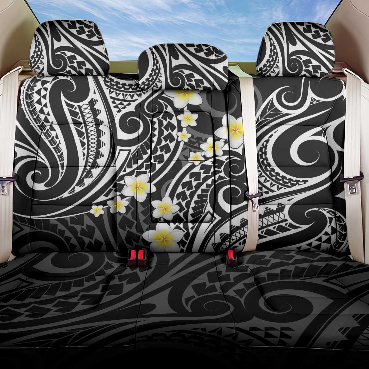 Plumeria With Black Polynesian Tattoo Pattern Back Car Seat Cover LT05 One Size Black - Polynesian Pride