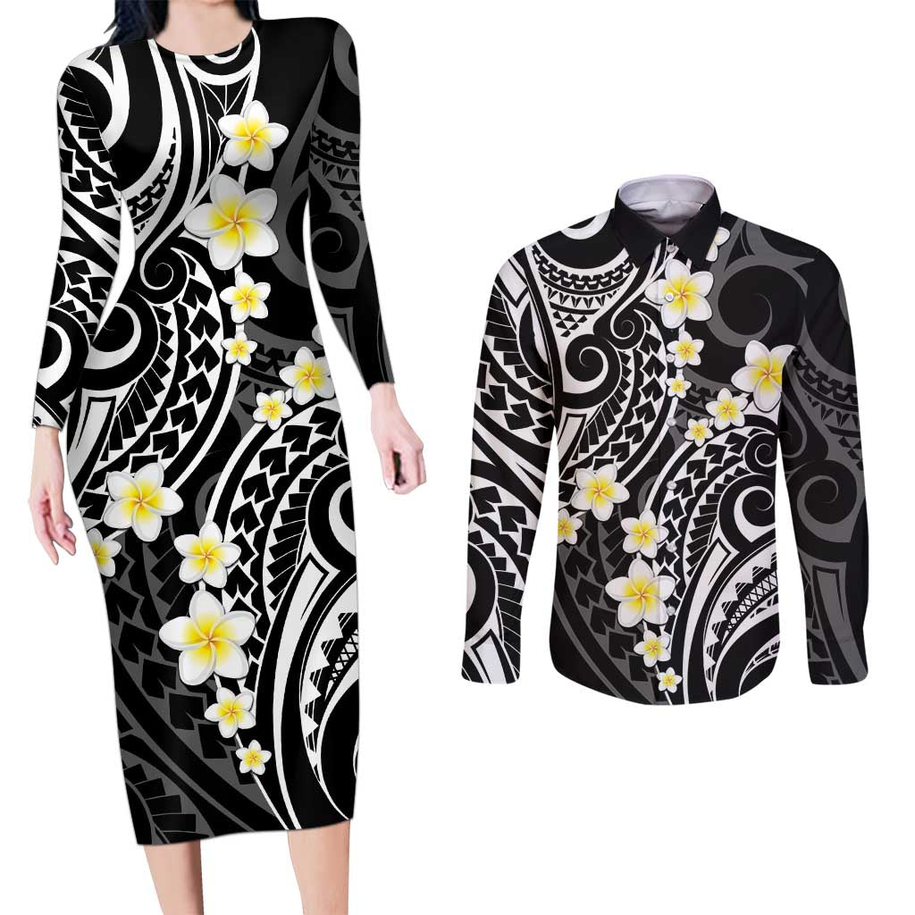 Plumeria With Black Polynesian Tattoo Pattern Couples Matching Long Sleeve Bodycon Dress and Long Sleeve Button Shirt LT05 Black - Polynesian Pride