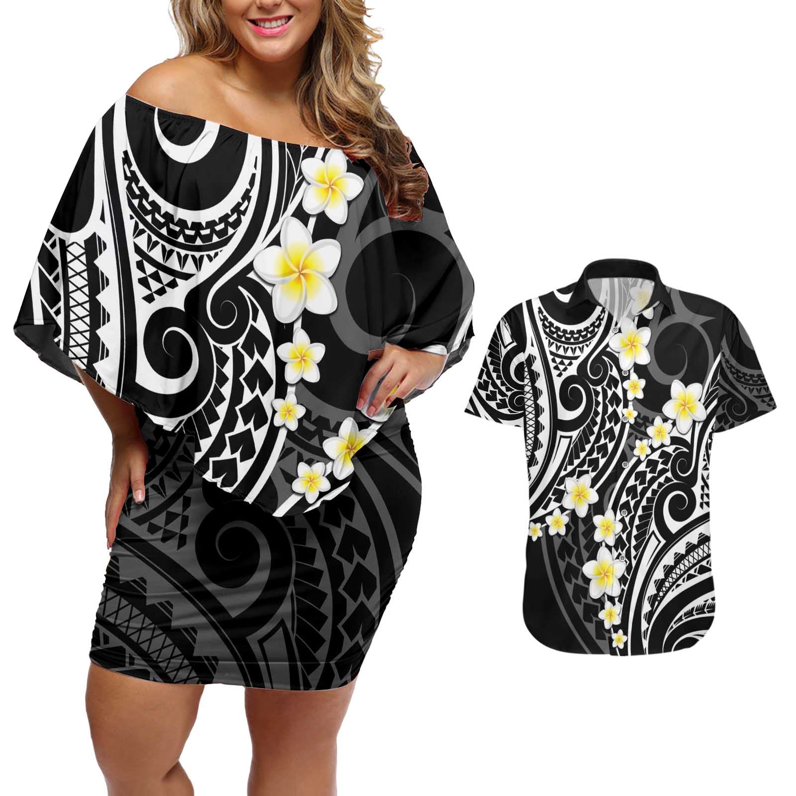 Plumeria With Black Polynesian Tattoo Pattern Couples Matching Off Shoulder Short Dress and Hawaiian Shirt LT05 Black - Polynesian Pride