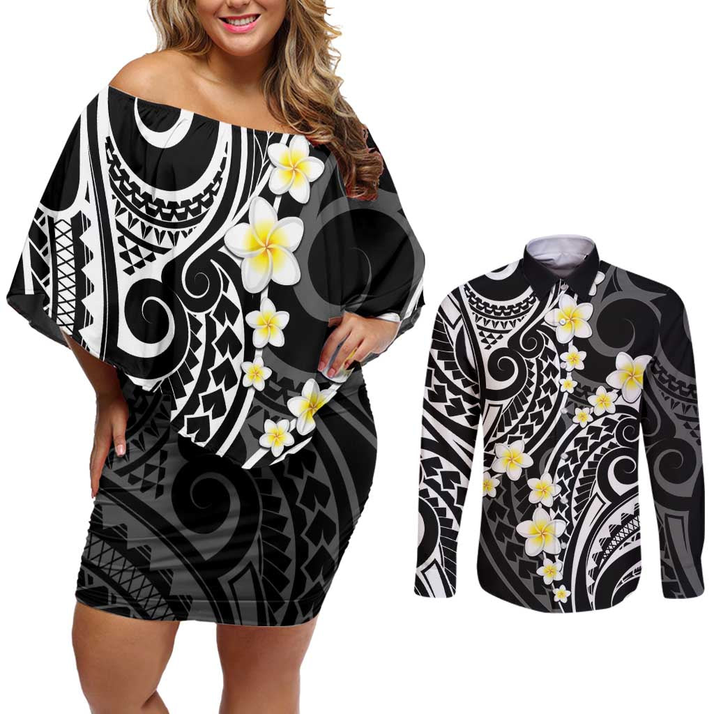 Plumeria With Black Polynesian Tattoo Pattern Couples Matching Off Shoulder Short Dress and Long Sleeve Button Shirt LT05 Black - Polynesian Pride