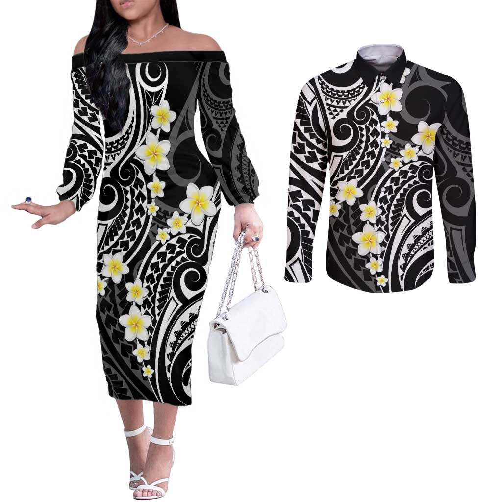 Plumeria With Black Polynesian Tattoo Pattern Couples Matching Off The Shoulder Long Sleeve Dress and Long Sleeve Button Shirt LT05 Black - Polynesian Pride