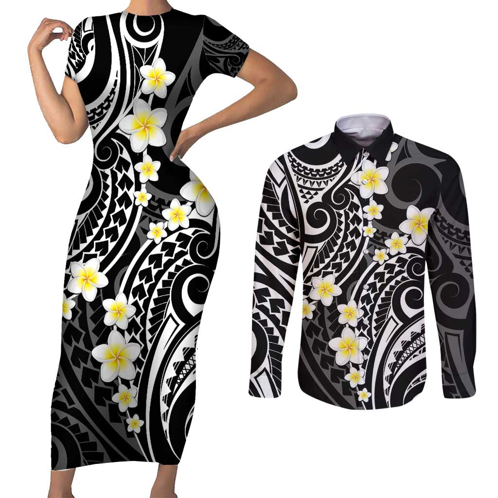 Plumeria With Black Polynesian Tattoo Pattern Couples Matching Short Sleeve Bodycon Dress and Long Sleeve Button Shirt LT05 Black - Polynesian Pride