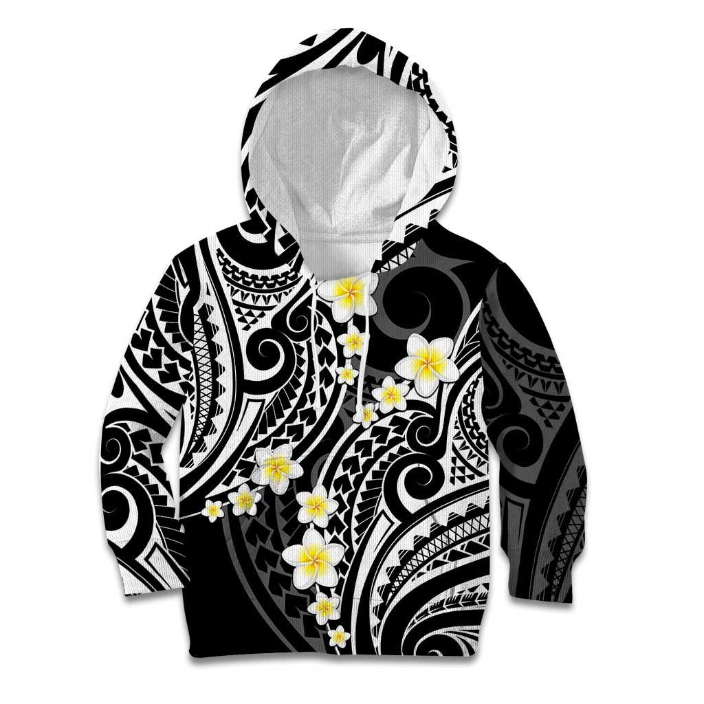 Plumeria With Black Polynesian Tattoo Pattern Kid Hoodie LT05 Hoodie Black - Polynesian Pride