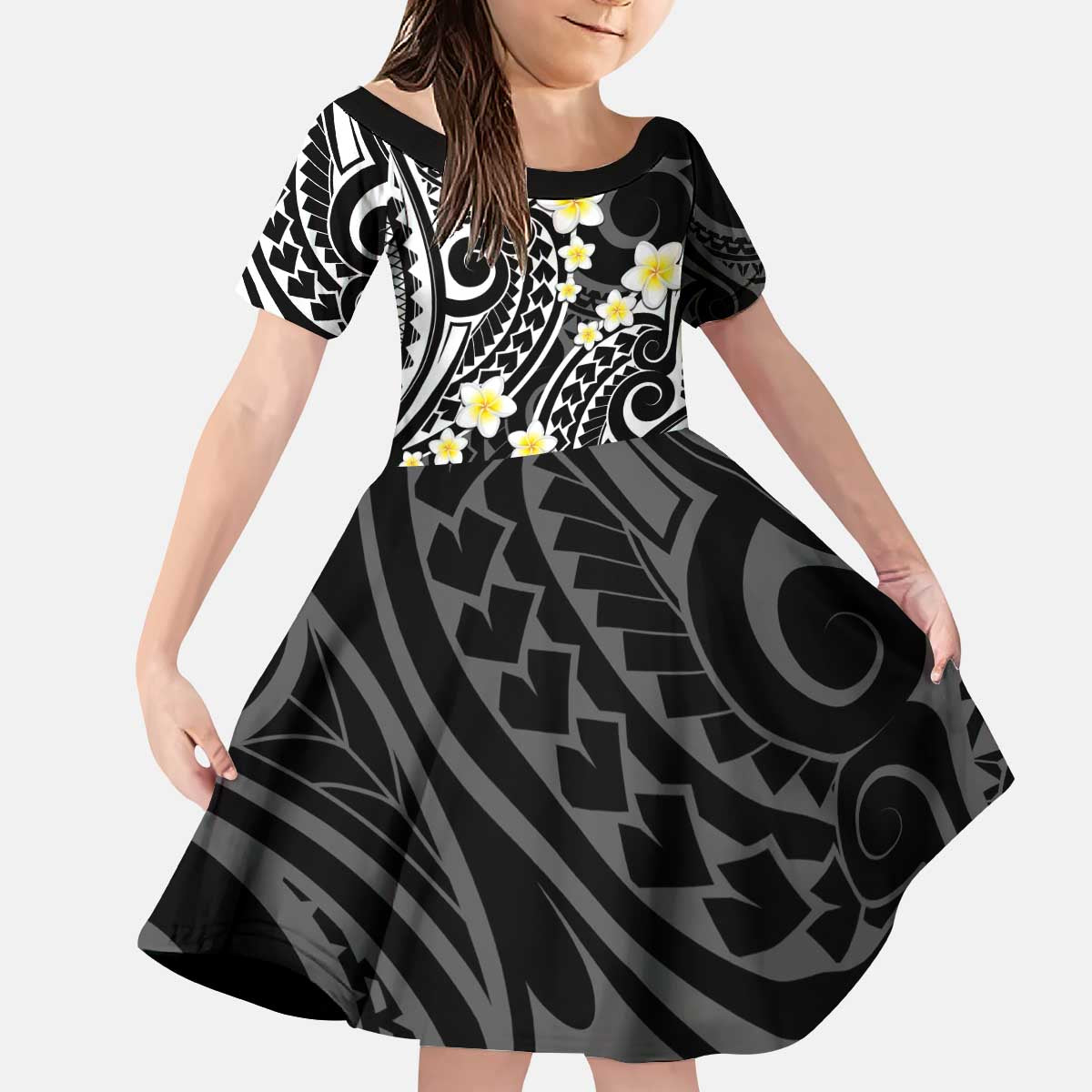 Plumeria With Black Polynesian Tattoo Pattern Kid Short Sleeve Dress LT05 KID Black - Polynesian Pride