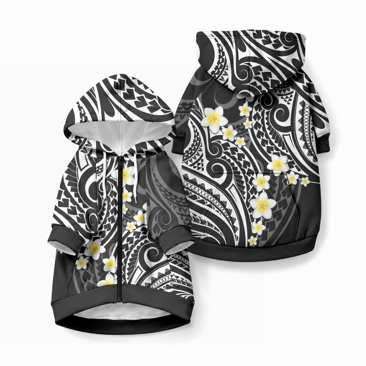 Plumeria With Black Polynesian Tattoo Pattern Pet Hoodie LT05 Zip-up Black - Polynesian Pride