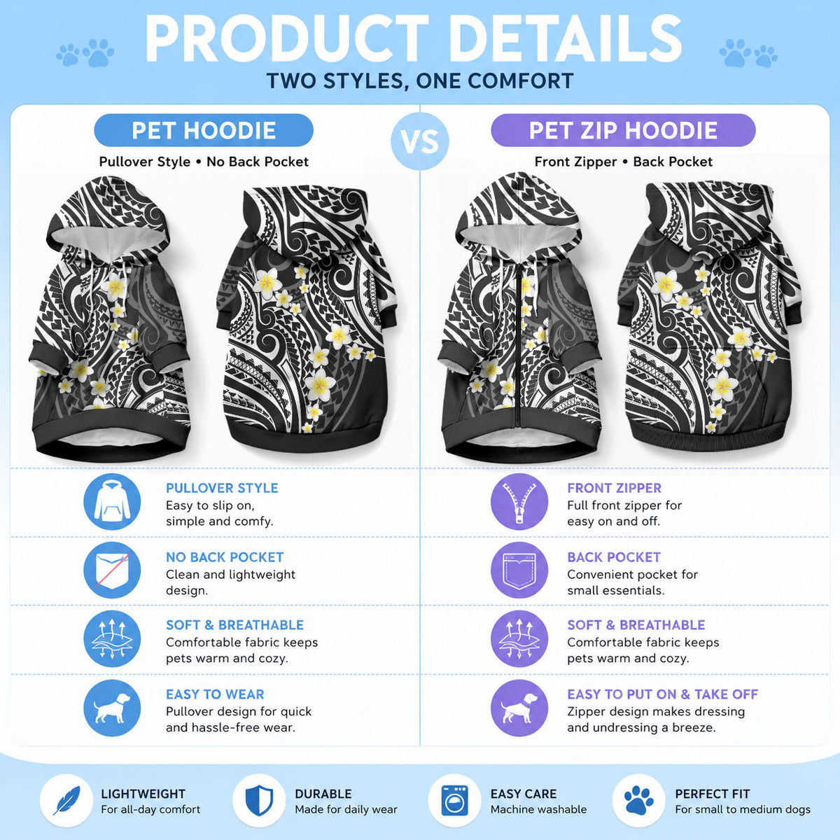 Plumeria With Black Polynesian Tattoo Pattern Pet Hoodie LT05 - Polynesian Pride