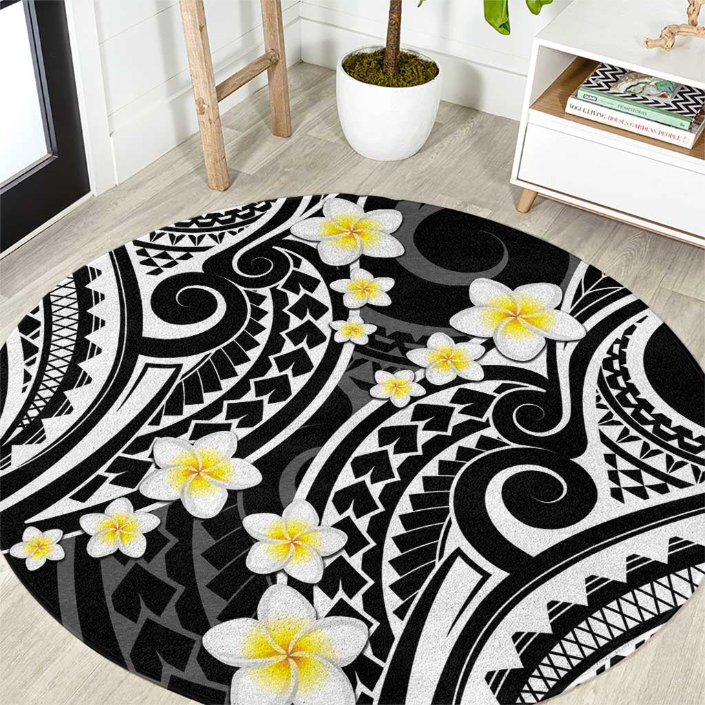 Plumeria With Black Polynesian Tattoo Pattern Round Carpet LT05 Black - Polynesian Pride