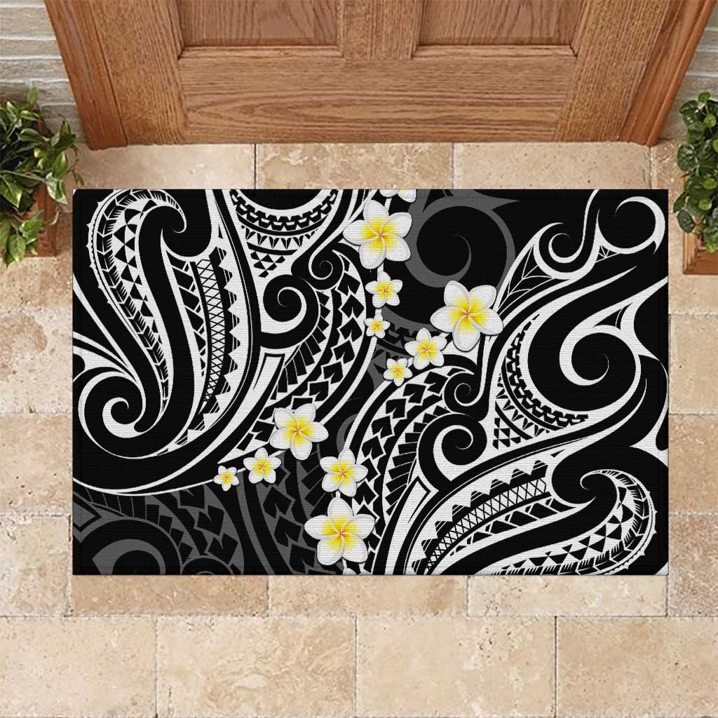 Plumeria With Black Polynesian Tattoo Pattern Rubber Doormat LT05 Black - Polynesian Pride