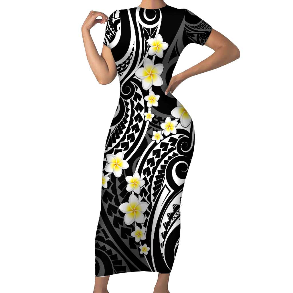 Plumeria With Black Polynesian Tattoo Pattern Short Sleeve Bodycon Dress LT05 Long Dress Black - Polynesian Pride