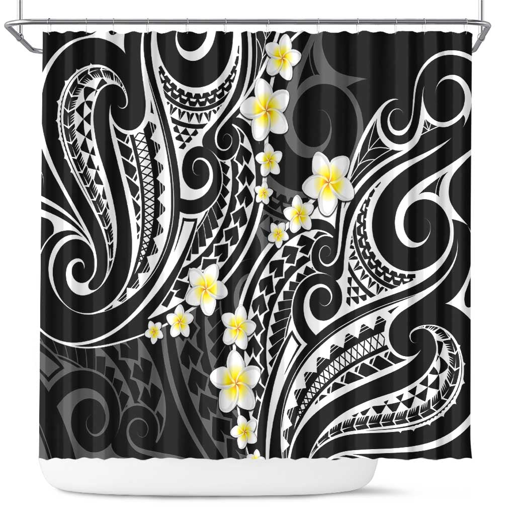 Plumeria With Black Polynesian Tattoo Pattern Shower Curtain LT05 Black - Polynesian Pride