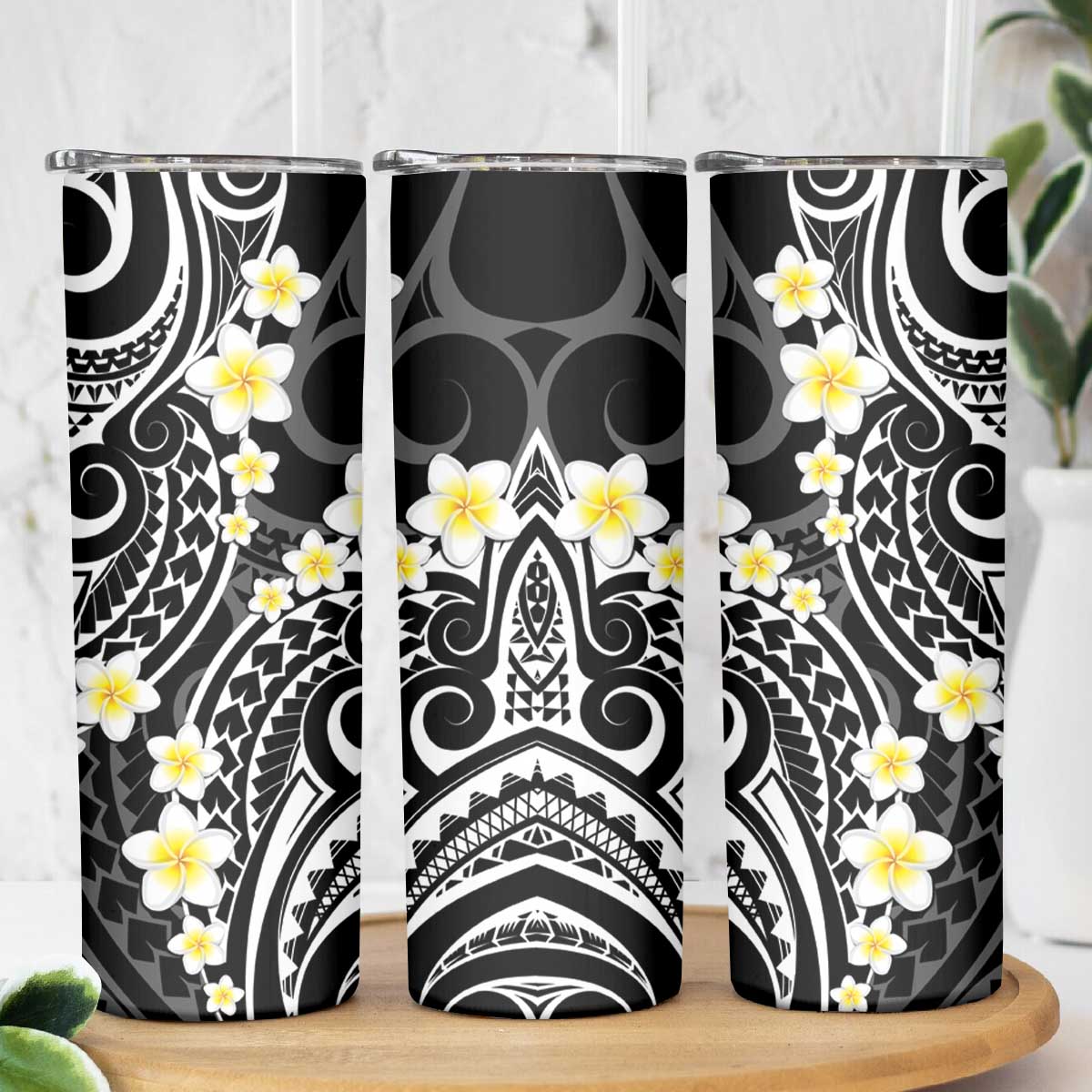Plumeria With Black Polynesian Tattoo Pattern Skinny Tumbler