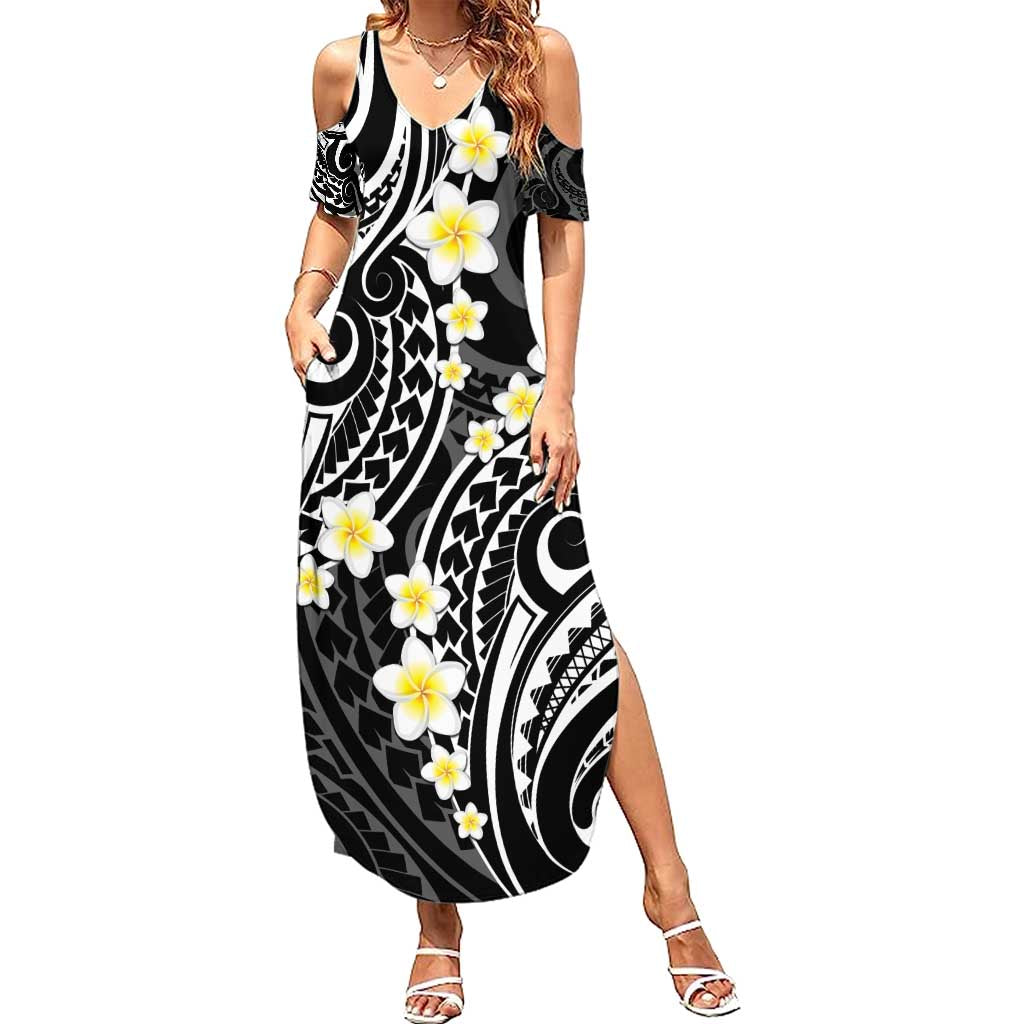 Plumeria With Black Polynesian Tattoo Pattern Summer Maxi Dress LT05 Women Black - Polynesian Pride