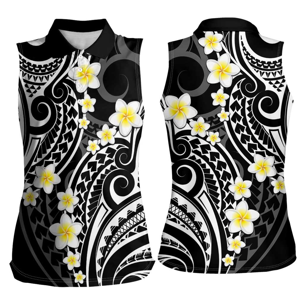 Plumeria With Black Polynesian Tattoo Pattern Women Sleeveless Polo Shirt