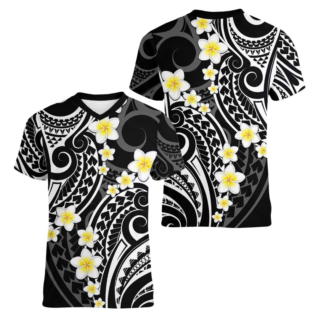 Plumeria With Black Polynesian Tattoo Pattern Women V-Neck T-Shirt
