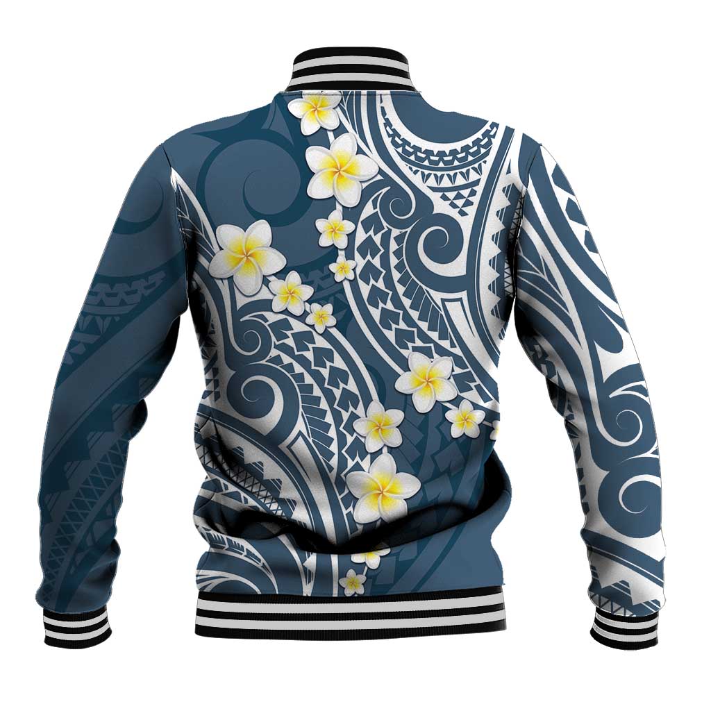 Plumeria With Blue Polynesian Tattoo Pattern Baseball Jacket