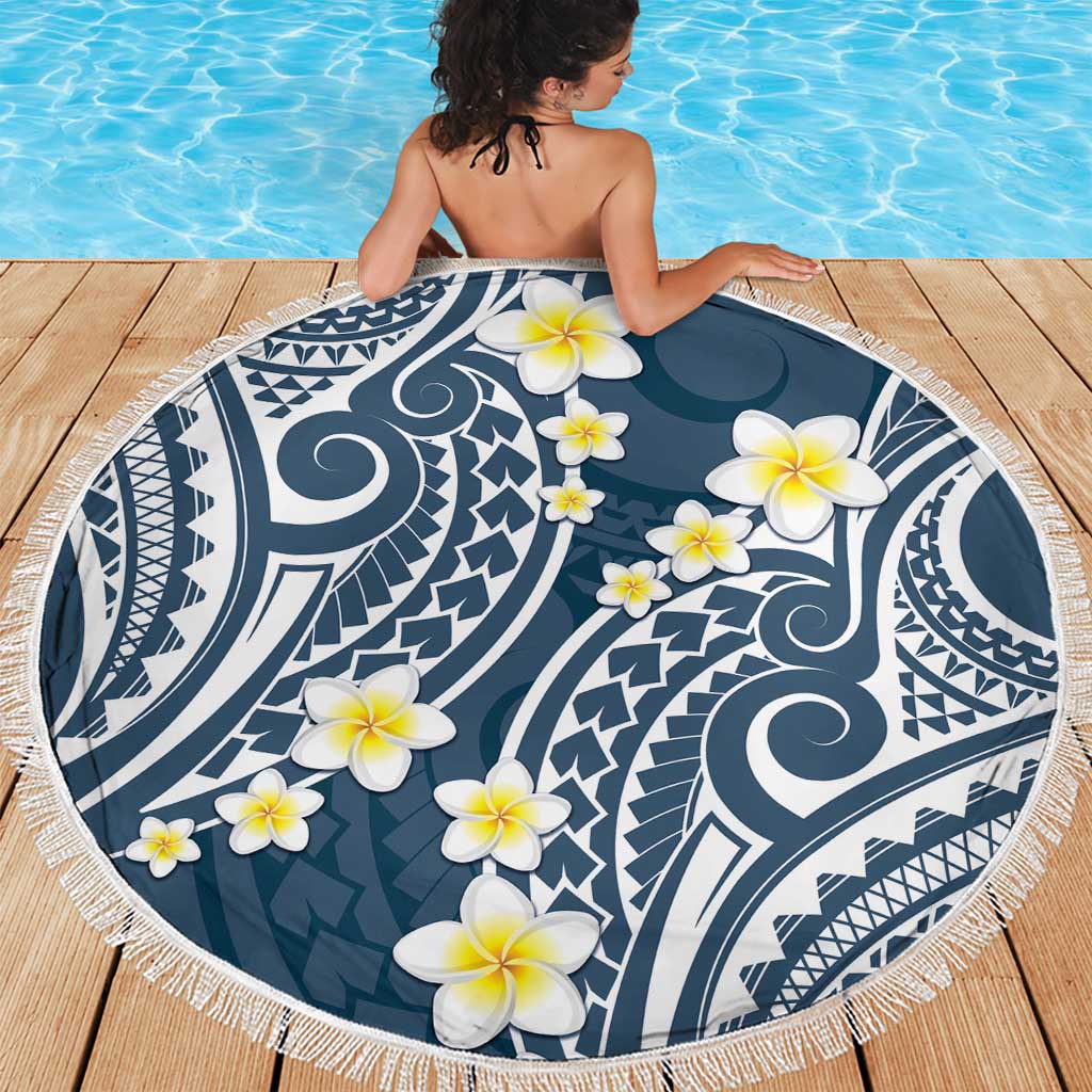 Plumeria With Blue Polynesian Tattoo Pattern Beach Blanket