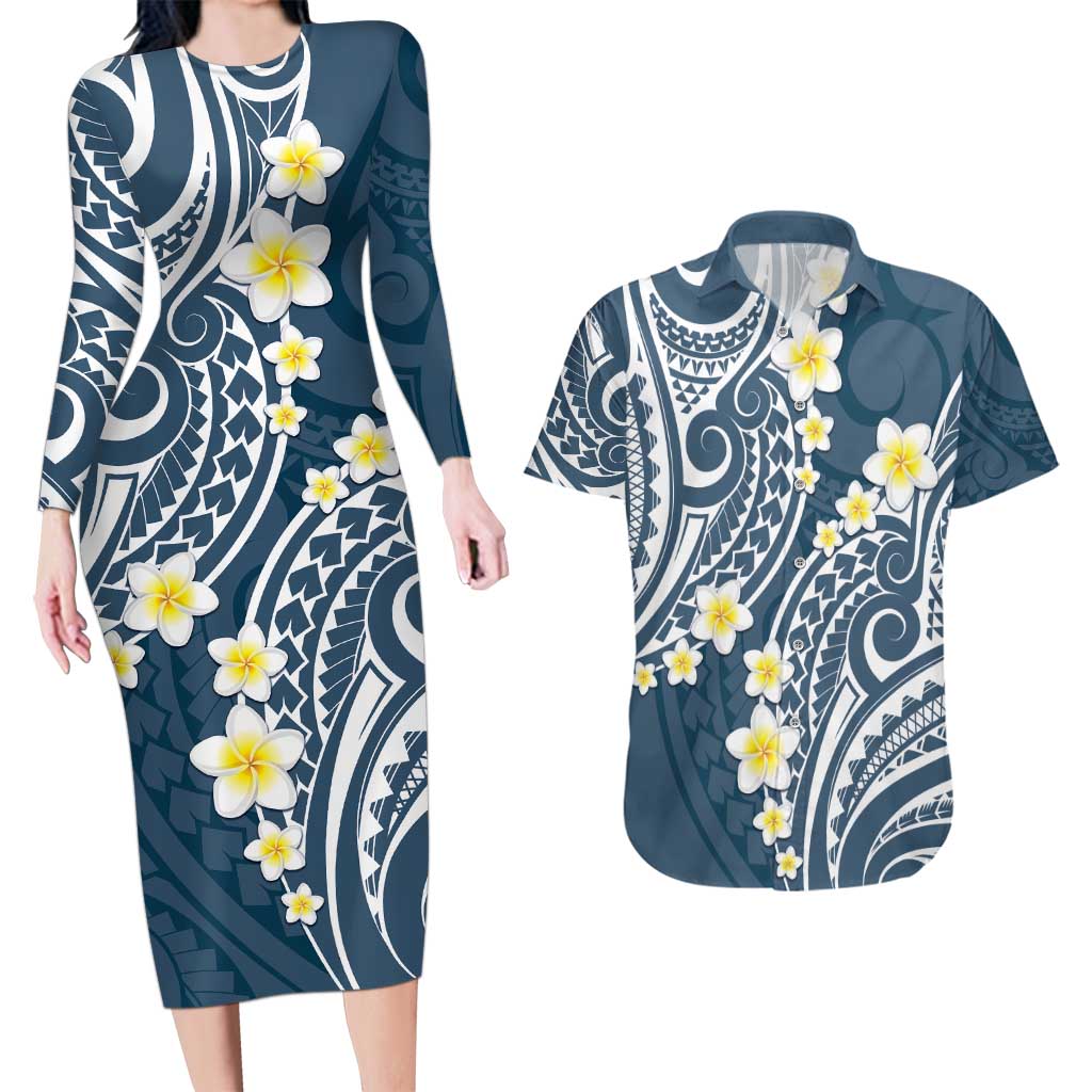 Plumeria With Blue Polynesian Tattoo Pattern Couples Matching Long Sleeve Bodycon Dress and Hawaiian Shirt LT05 Blue - Polynesian Pride