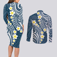 Plumeria With Blue Polynesian Tattoo Pattern Couples Matching Long Sleeve Bodycon Dress and Long Sleeve Button Shirt LT05 - Polynesian Pride