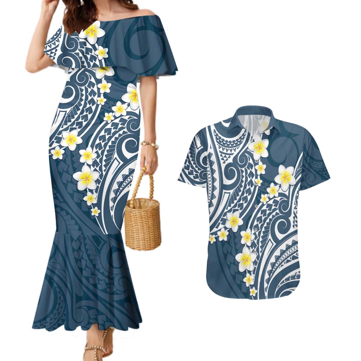 Plumeria With Blue Polynesian Tattoo Pattern Couples Matching Mermaid Dress and Hawaiian Shirt LT05 Blue - Polynesian Pride