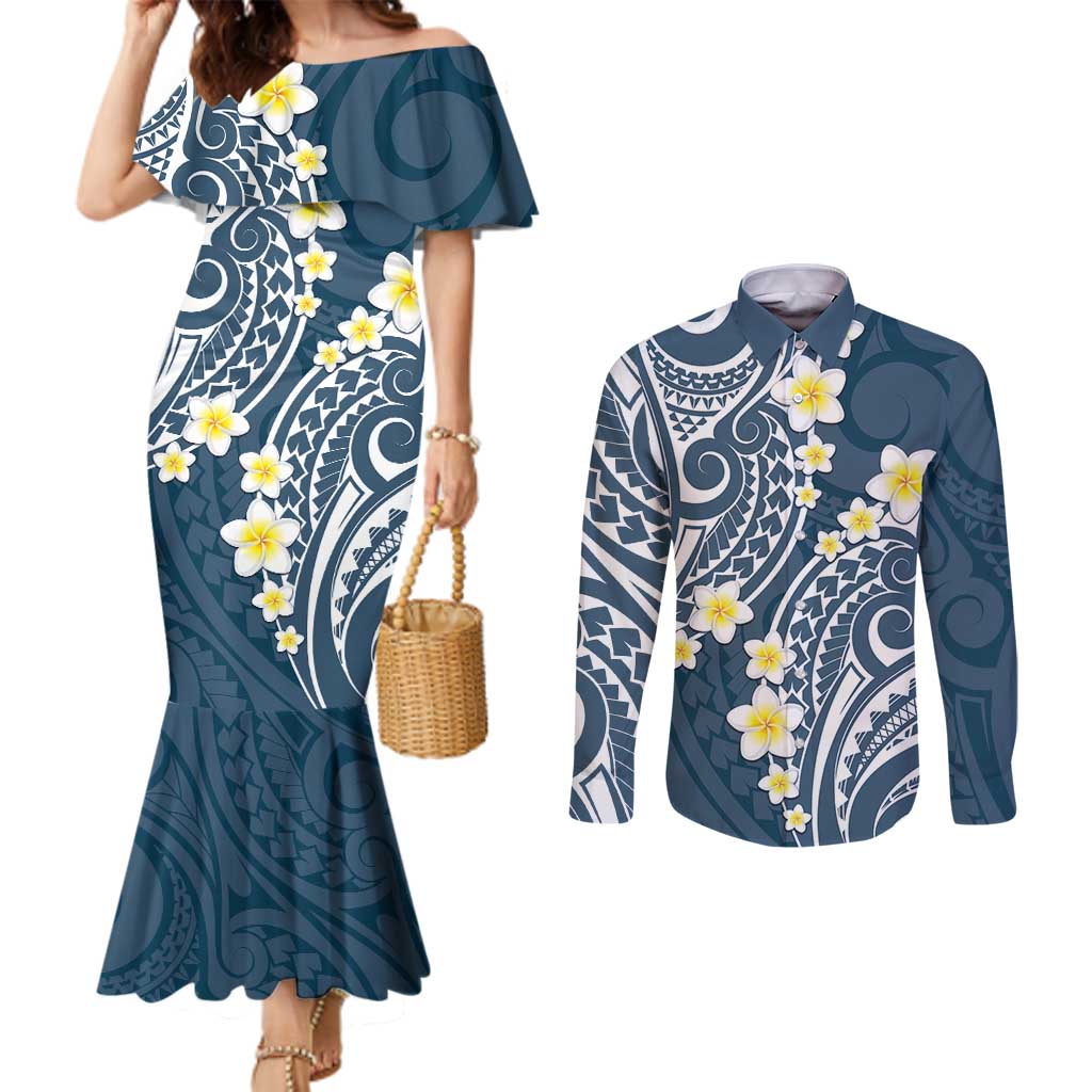 Plumeria With Blue Polynesian Tattoo Pattern Couples Matching Mermaid Dress and Long Sleeve Button Shirt LT05 Blue - Polynesian Pride