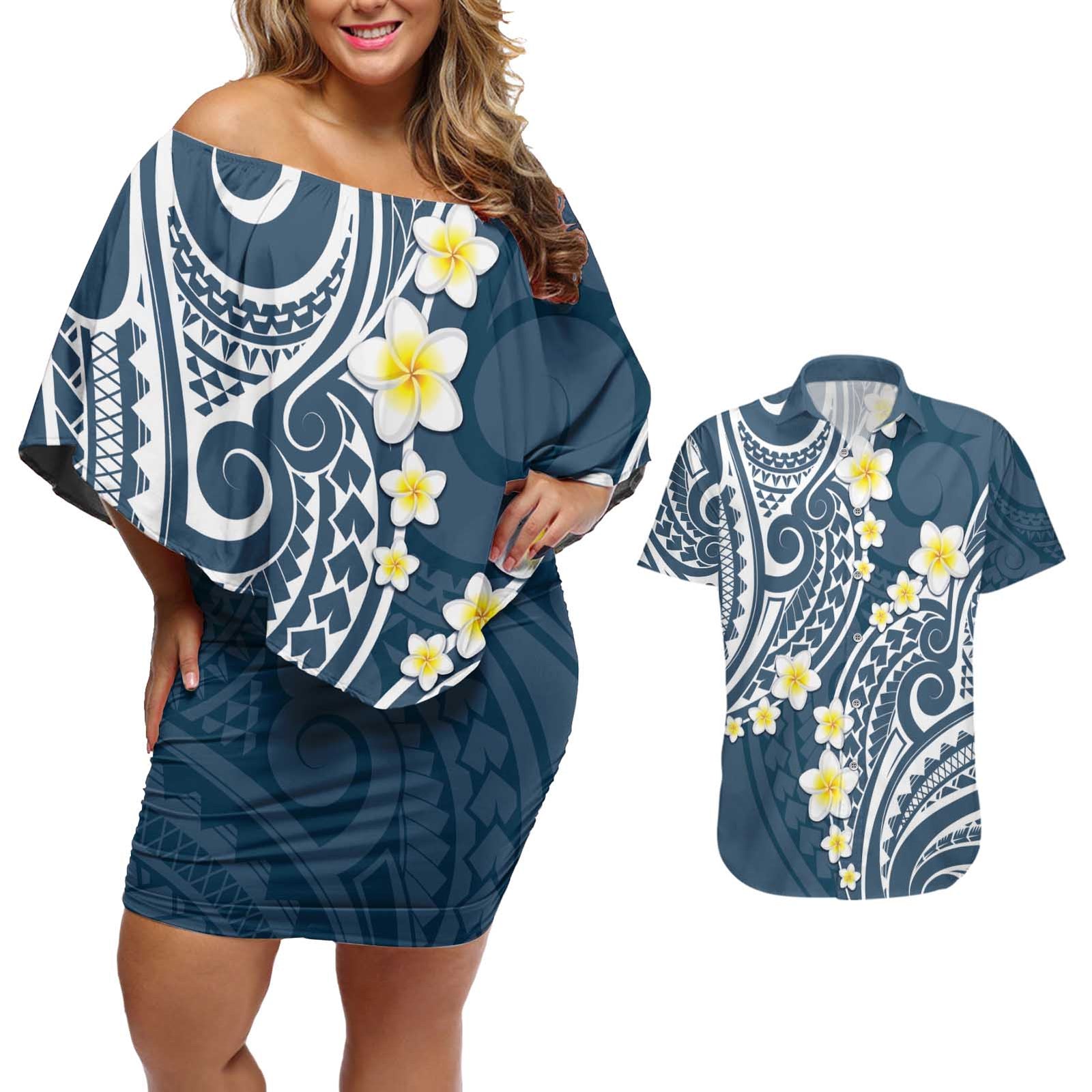 Plumeria With Blue Polynesian Tattoo Pattern Couples Matching Off Shoulder Short Dress and Hawaiian Shirt LT05 Blue - Polynesian Pride