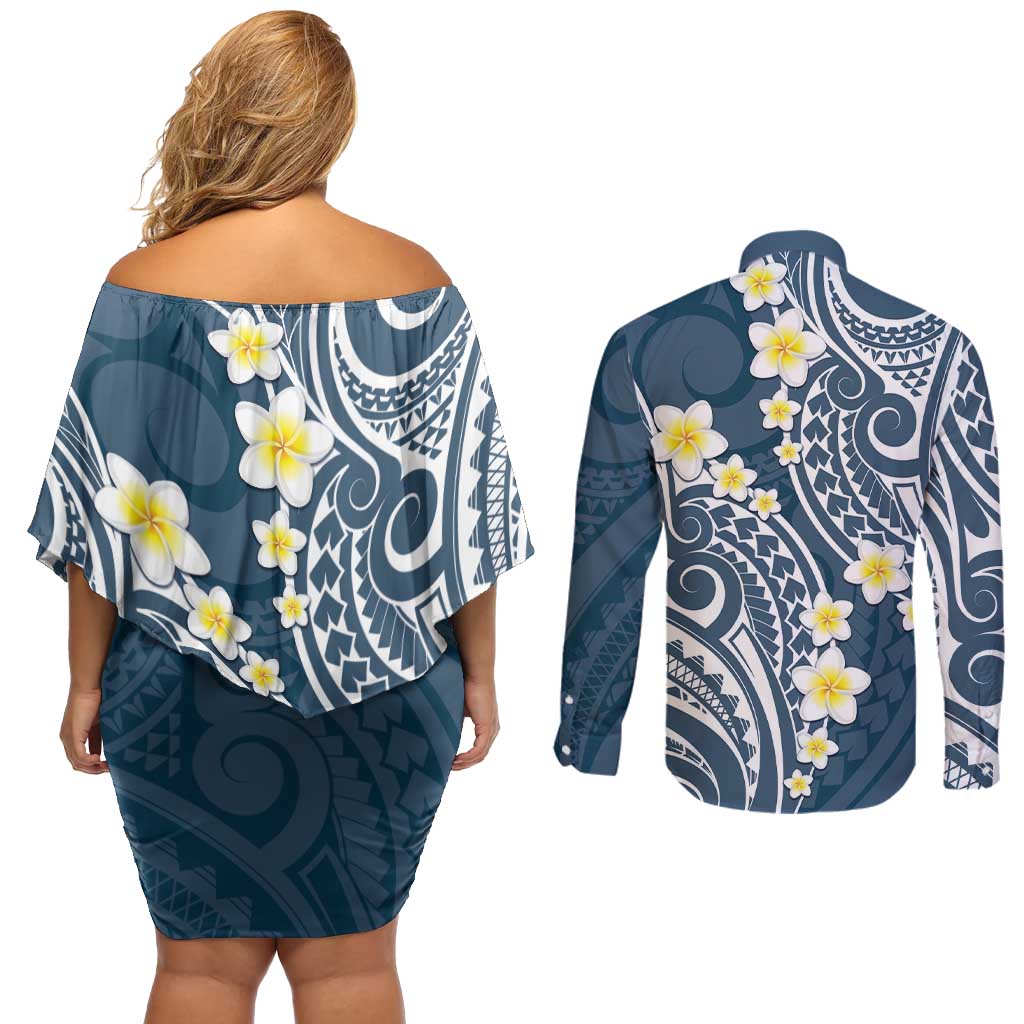 Plumeria With Blue Polynesian Tattoo Pattern Couples Matching Off Shoulder Short Dress and Long Sleeve Button Shirt