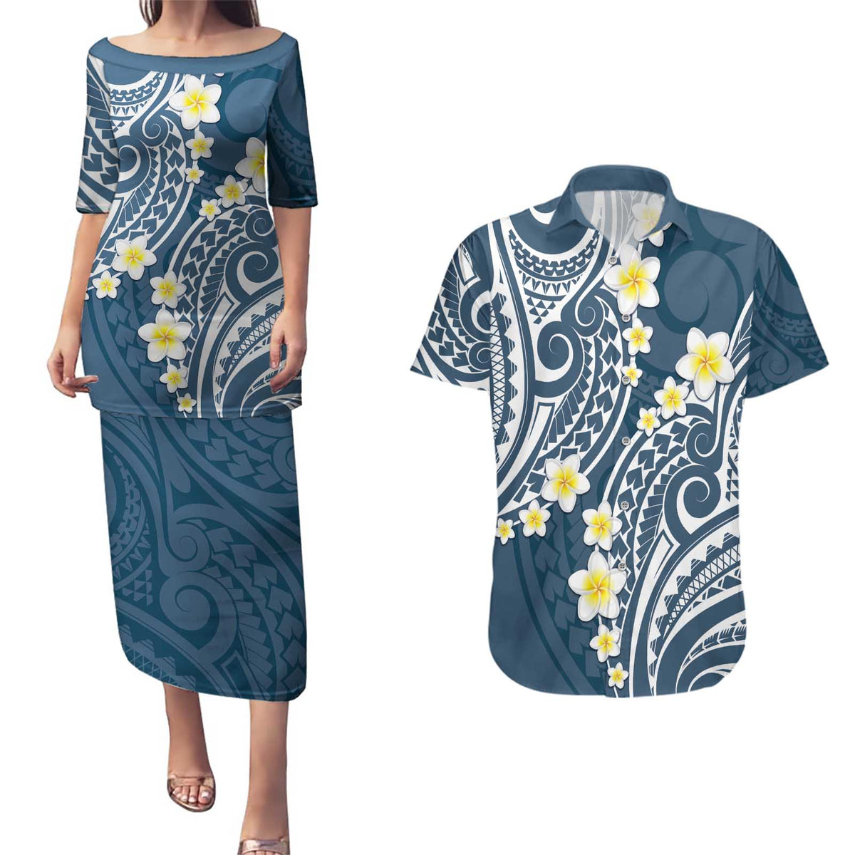Plumeria With Blue Polynesian Tattoo Pattern Couples Matching Puletasi and Hawaiian Shirt